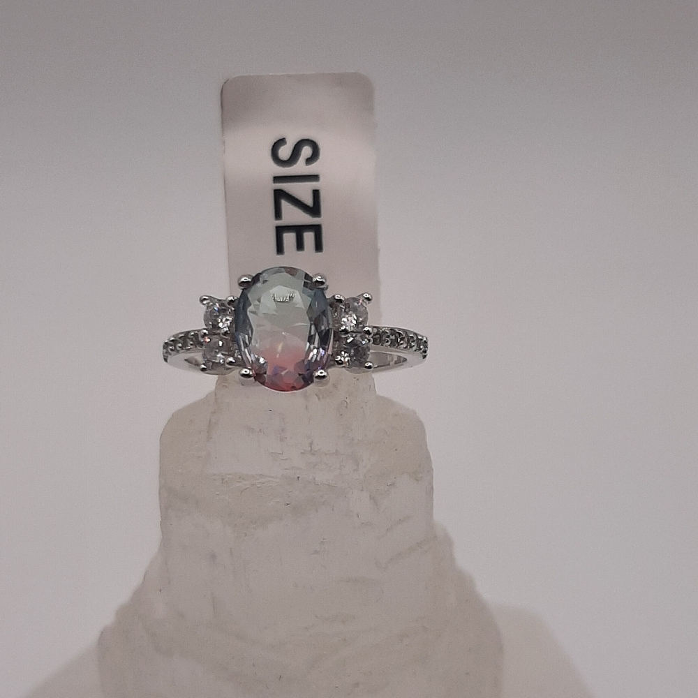 Silver-Tone Oval Mystic Topaz Ring with Side Stones - Women Jewelry